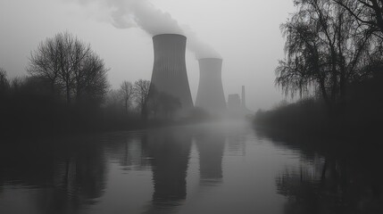 A stark black and white tableau unfolds as colossal, skeletal cooling towers, their surfaces etched with the passage of time, pierce the misty expanse of a distant industrial landscape, a testament 