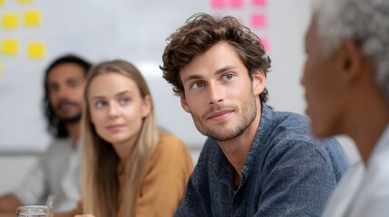 A diverse group of professionals actively engaged in a collaborative business meeting focusing on brainstorming and strategy development