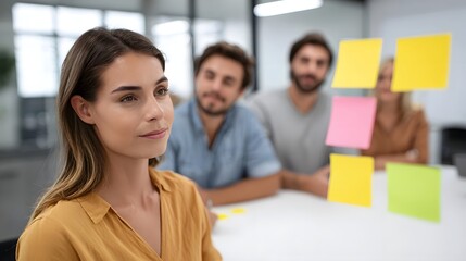 A team of professionals collaborates in a modern office brainstorming ideas using sticky notes on a glass board