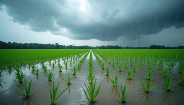 Young rice plants grow in flooded field under dark storm clouds and heavy rain. Rich green landscape shows rows of crops submerged in water, rural farming environment facing weather peril. - Powered by Adobe