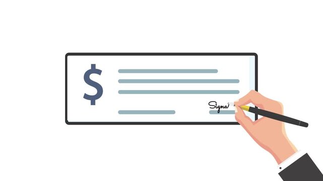 Signing a check, money, animated hand signing a check, money, isolated 4k green screen, editable