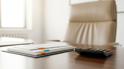 Professional office desk setup with essential work documents and a calculator ready for financial