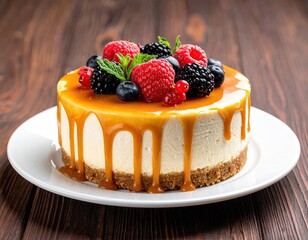 Berry-topped cheesecake with caramel drizzle on white plate