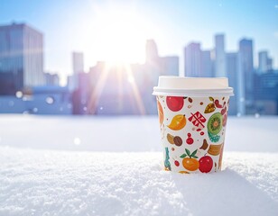 Fruity cup sits snowy surface, cityscape backdrop