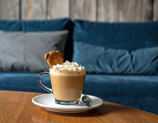 Latt? with cream, cookie, on wooden table against a blue couch