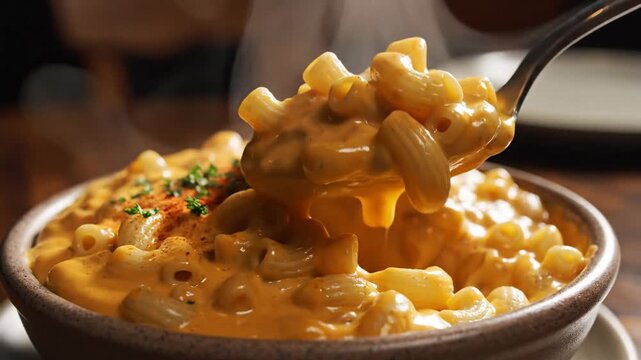 Close up of creamy macaroni and cheese dish with steam and spoon