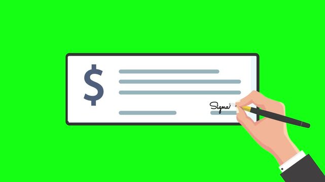 Signing a check, money, animated hand signing a check, money, isolated 4k green screen, editable