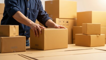 Diligent logistics professional handling and sorting numerous cardboard packages for efficient