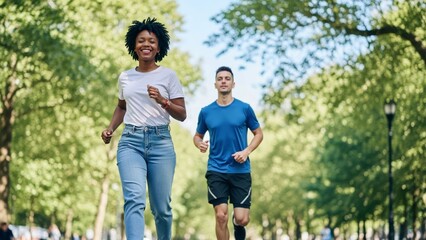 Fototapeta premium Joyful urban park fitness journey: Diverse friends exercising outdoors under lush green canopies