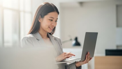 Engaged professional navigating digital tasks with a joyful expression in a luminous modern