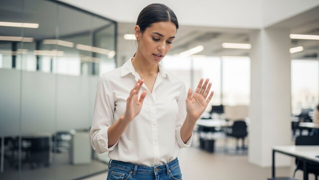 Innovative professional woman gesturing with hands in a modern open plan office environment - Powered by Adobe
