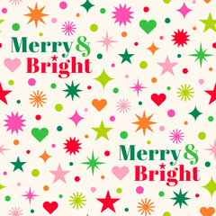 Colorful geometric star with word "Merry & bright" seamless pattern design for Christmas and new year celebration background.