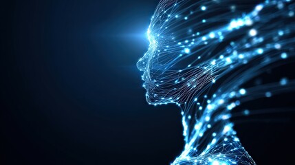 Digital Consciousness: A striking visual representation of a human face formed from interconnected lines and particles, symbolizing artificial intelligence, the digital age.