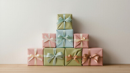 Festive Christmas gift boxes wrapped in red and gold paper with elegant ribbons and bows are arranged as a celebration surprise on a wooden floor and table for the holiday season Boxing Day