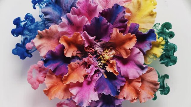 Stunning aerial view of colorful watercolor paints swirling and mixing in liquid creating an abstract floral pattern on a flat surface background animation, visual impact, vivid
