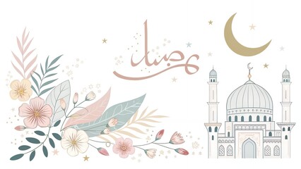 Elegant Ramadan Greeting with Mosque, Moon, and Flowers, Spiritual Celebration, Islamic Festive Design, Sacred Floral Scene, AI Generated