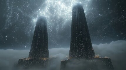 A towering industrial complex, its metallic silhouette stark against a backdrop of inky blackness, pulsated with digital light, its network overlay weaving a mesmerizing tapestry of information 