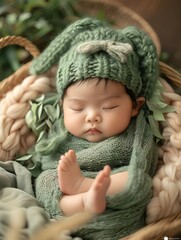 Peaceful Newborn Baby in Cozy Pose with Natural Light and Minimal Background