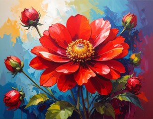 Large, vibrant red flower with multiple buds, art style