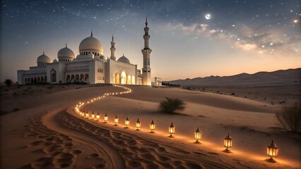 Enchanted Desert Mosque Under Starry Night Sky, Spiritual Architecture, Peaceful Landmark, Celestial Ambience, AI Generated