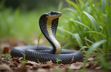 Fototapeta premium King cobra snake coils on forest floor amidst green grass and fallen leaves. Serpent with hood raised and alert eyes displays its scales and neck pattern in a natural habitat environment.