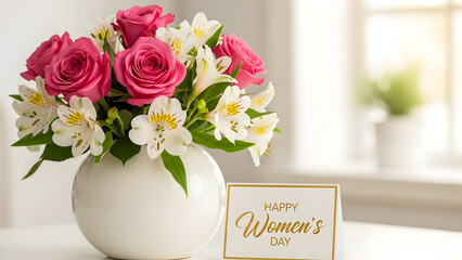 Beautiful bouquet of pink roses and white flowers in a white vase on a table with a women s day card