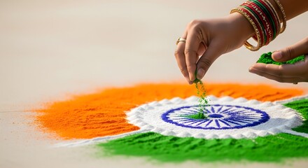 Hands creating a tricolor rangoli with the Ashoka Chakra using colored powder, symbolizing Indian patriotism, cultural tradition, creative expression, Republic Day celebration, unity, and national