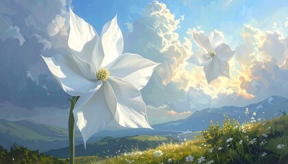 Whimsical painted scene of two large, white, paper-like flowers with yellow centers. Rolling hills and sky in background