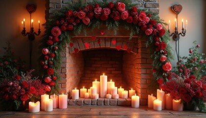 Decorated fireplace with roses and pine garland. Heart ornaments hang above burning candles. Romantic setting for wedding or valentine celebration. Cozy warm ambience.