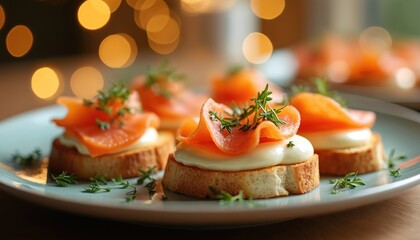 Crispy melba toast rounds topped with smooth cream cheese and rich smoked salmon slices. Fresh green herbs garnish this elegant bite sized appetizer. Perfect for parties and special occasions.