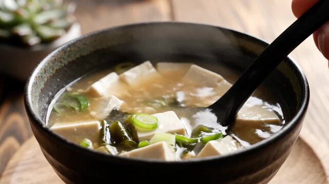 Close up view of a bowl of miso soup with tofu and seaweed