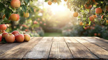 Fresh red apples placed on rustic wooden table with apple orchard background under warm sunrise light, perfect for food advertising, wellness branding, organic product packaging