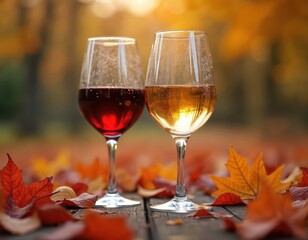 Naklejka premium Two wine glasses, one with red wine, one with white wine, sit on wooden surface surrounded by colorful autumn leaves. Background blurred with warm, golden sunlight filtering through trees, creating