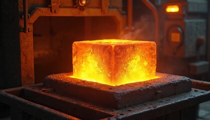 Molten metal cube glows intensely within industrial furnace. Fiery orange heat radiates from smelting material, suggesting powerful manufacturing processes and high temperatures in heavy industry.