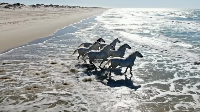 Stunning aerial wide shot of seven snow white horses running in formation along a massive, desolate shoreline with turquoise waves crashing in the background waves, seafoam, power