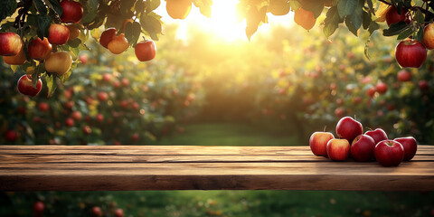 Fresh red apples placed on rustic wooden table with apple orchard background under warm sunrise light, perfect for food advertising, wellness branding, organic product packaging