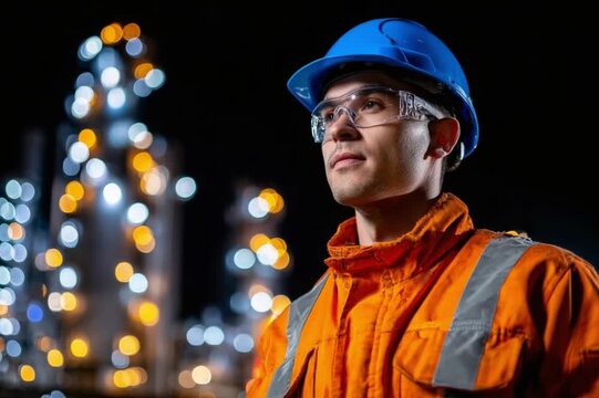 Engineering Confidence: A focused engineer, donned in protective gear, gazes upwards at a sprawling industrial landscape illuminated by the night. Reflecting on the dedication, skill.