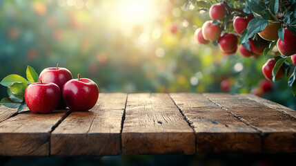 Fresh red apples placed on rustic wooden table with apple orchard background under warm sunrise light, perfect for food advertising, wellness branding, organic product packaging