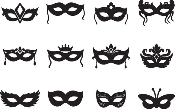 Mardi Gras carnival masquerade mask set black silhouette vector collection