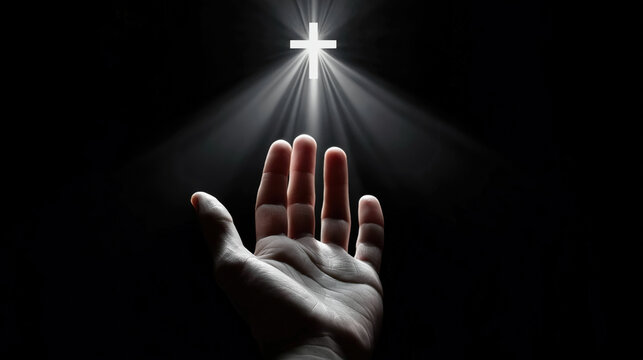 Photorealistic dramatic scene of a hand reaching out towards a glowing cross, symbolizing faith, hope and salvation