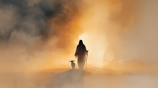 Watercolor painting of Jesus the Good Shepherd walking with the lost lamb on a dusty sunset path of faith