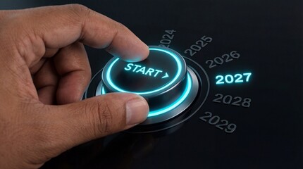 A hand is shown pressing the start button on a futuristic dial displaying years from 2024 to 2029 highlighting 2027