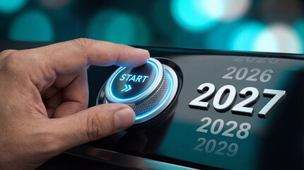 A close up view depicts a hand poised to activate a glowing start button within a futuristic vehicle interface displaying years 2026 to 2029
