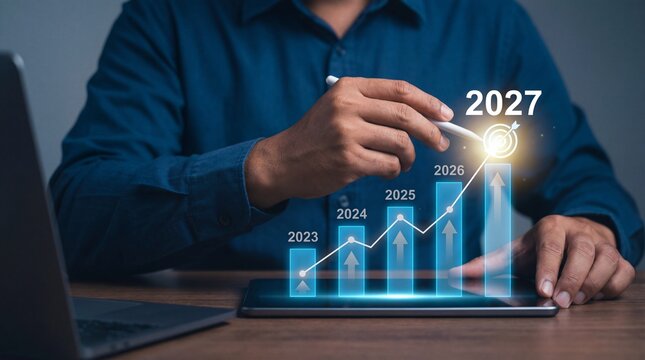 A professional is interacting with a digital tablet displaying a financial growth chart projecting business success towards the year 2027 - Powered by Adobe