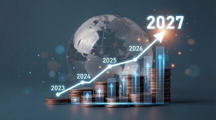 A futuristic visualization depicting global financial growth and prosperity with a focus on the year 2027 and increasing economic trends
