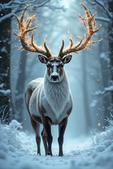 Majestic reindeer with glowing moss antlers in snowy forest
