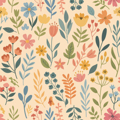 Abstract white daisy Retro Floral Seamless Pattern with Bold Flowers and Leaves. 