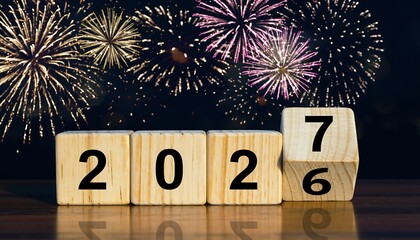 A vibrant display of fireworks illuminates the night sky above wooden blocks displaying the numbers 2026 signaling anticipation high quality