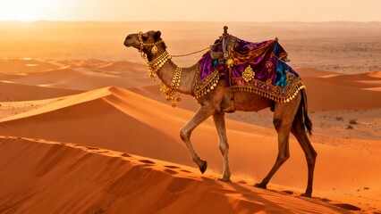 Camel Traveler Adorned in Ornate Silk Jewelry Crossing Golden Desert Dunes