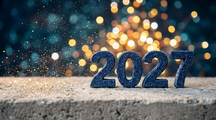 A visually striking image showcases the year 2027 boldly displayed with sparkling glitter and a festive bokeh background high quality